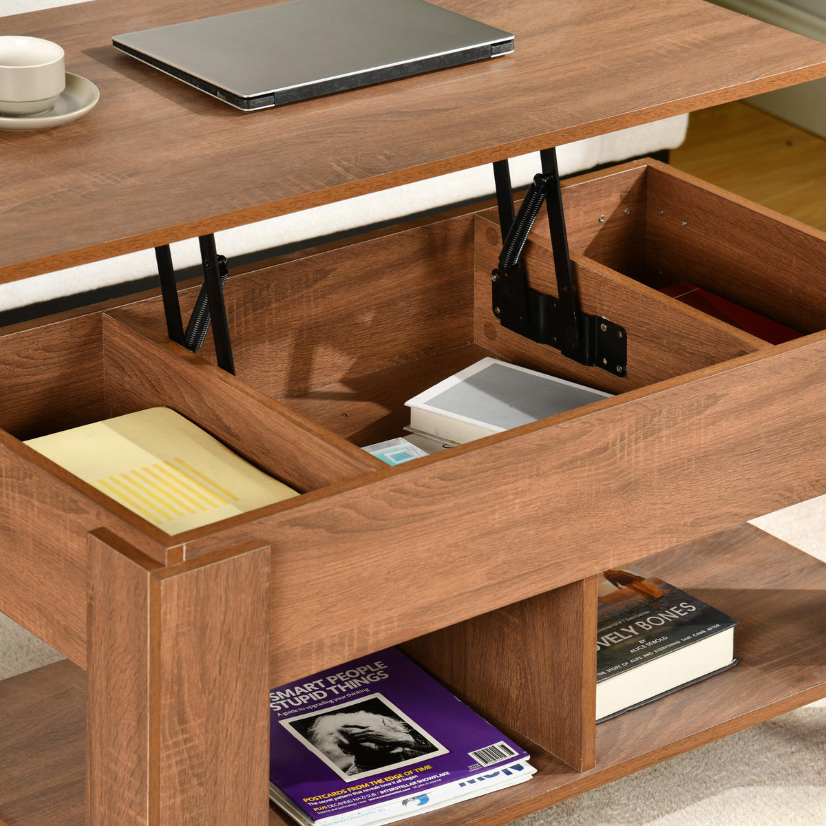 COUCHTISCH mit Lift-Top, Stauraum und Ablagefach, Eiche Optik - Braun, Holz (96/50/47cm) - Urban Meuble