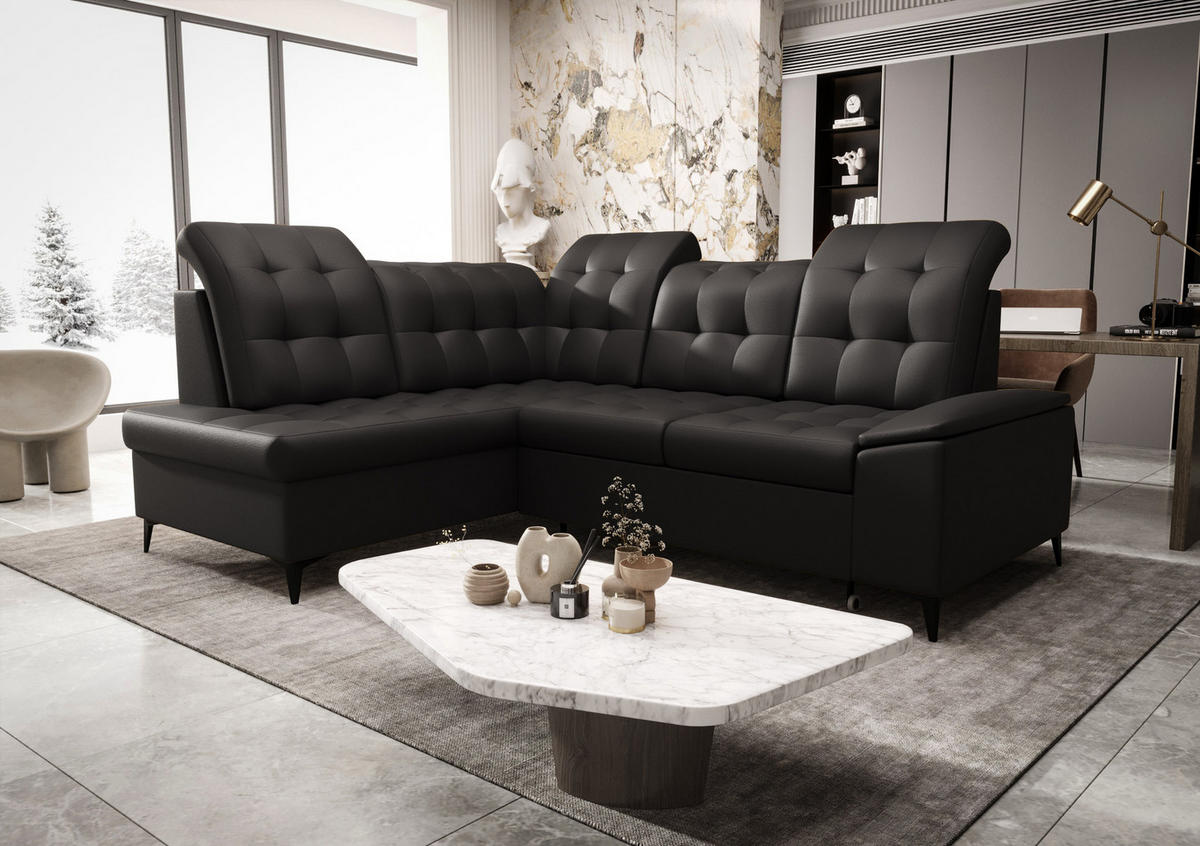 ECKSOFA KONGO RBN16, Eckcouch in L-Form mit Schlaffunktion, Farbe: Schwarz, Kunstleder, Ottomane Links - Schwarz, Textil (268/210cm) - O-Sofa