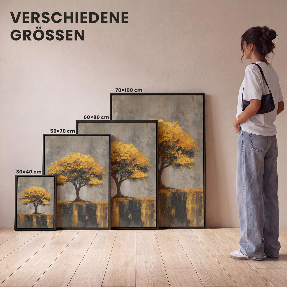 LEINWAND Bilder mit Rahmen - Baum - Blätter - Gold - Abstrakt - 60x80 - Grau, Textil (60/80cm) - MuchoWow