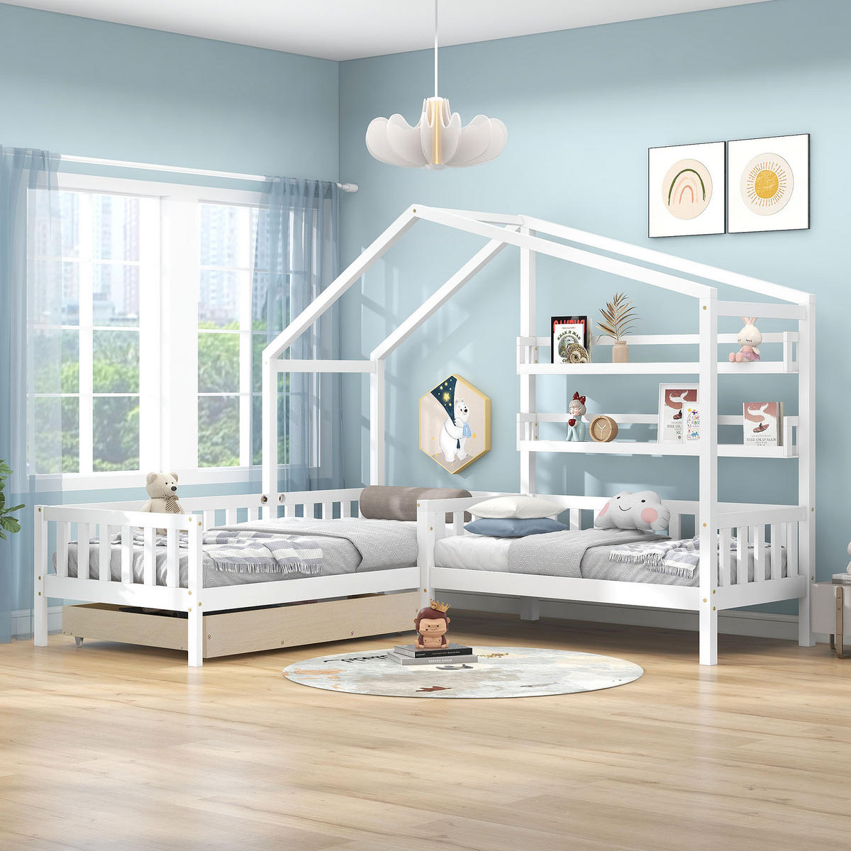 HAUSBETT 90x200 cm, mit Tisch, Kleiderschrank, Schutzgitter & 4-stufiger Leiter, Holz, weiß - Weiß, Holz (94/200cm)
