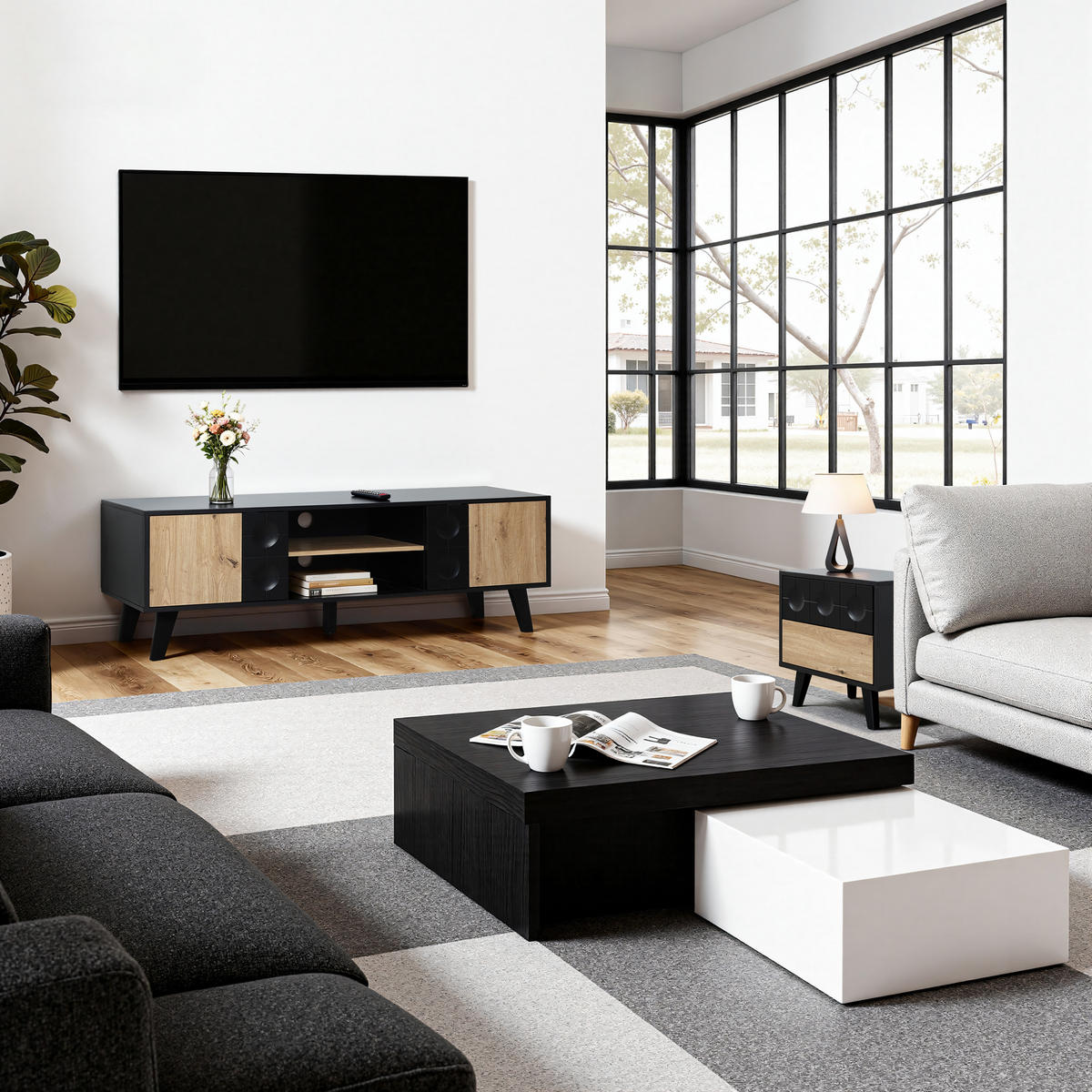 NACHTTISCH mit 2 Schubladen, Natur und Schwarz | 40T x 45B x 48H cm - Schwarz, Holz (45/48/40cm) - Hometopia