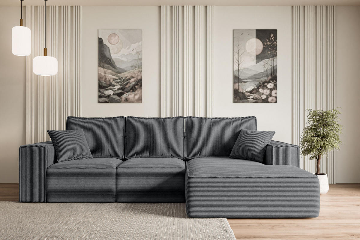 ECKSOFA mit Schlaffunktion und Bettkasten SERRA-L-S - 266x161x87 cm Duneklgrau Cord - Dunkelgrau/Schwarz, Holzwerkstoff/Kunststoff (266/161cm) - ALTDECOR
