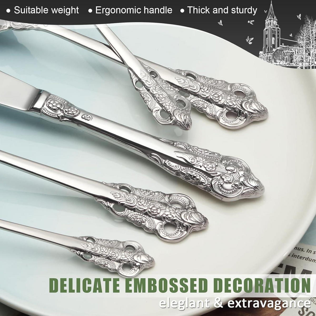 BESTECKSET 30-teiliges Set Edelstahl Silber Geprägte Griffe Spülmaschinenfest - Silberfarben, Metall