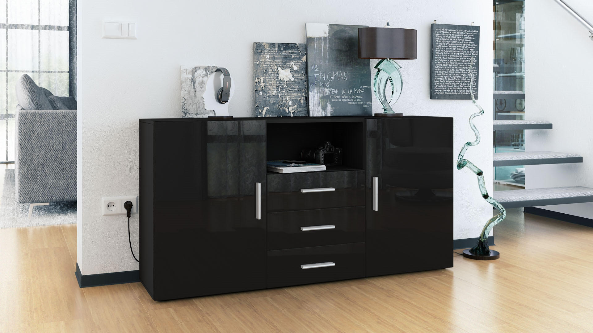 SIDEBOARD Skadu Front in Schwarz Hochglanz - Schwarz Hochglanz, Holzwerkstoff (138.5/71.5/35cm) - Vladon