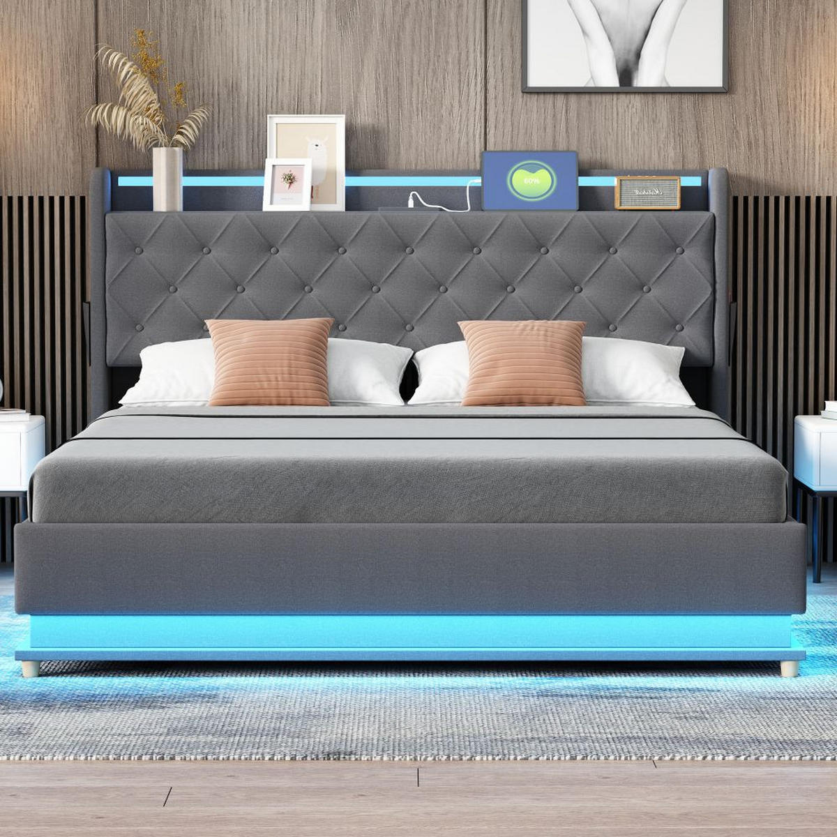 POLSTERBETT 160x200cm, mit USB-Ladeanschluss, Leinen, Grau - Grau, Textil/Metall (160/200cm) - KOMHTOM