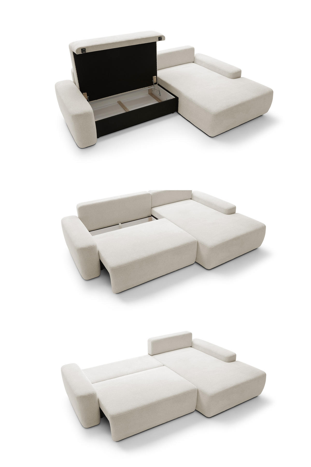 ECKSOFA BOULI 4-Sitzer Polstersofa Raven mit Schlaffunktion 130x210 cm Bettzeugablage 264x162x82 cm rechte, Farbe: Sand​ - Sandfarben, Holz/Textil (264/162cm) - DomoHome