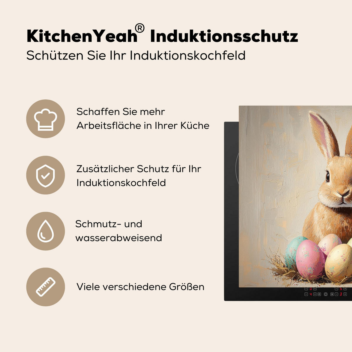 HERDABDECKPLATTE Osterhase - Pastell - Eier Abdeckung Ceranfeld 57.6x51.6 cm - Beige, Kunststoff (57.6/51.6/0.2cm) - MuchoWow
