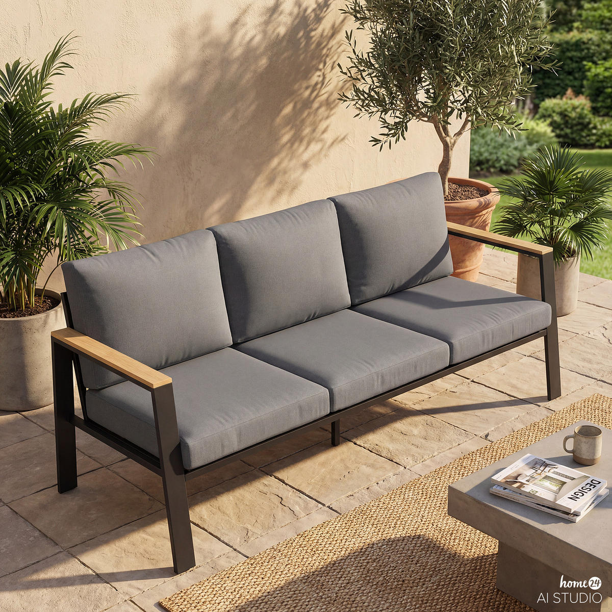 3-SITZER LOUNGESOFA - Aluminium / Polyester - Anthrazit - Anthrazit/Braun, Holz/Textil (191/74/75cm) - home24