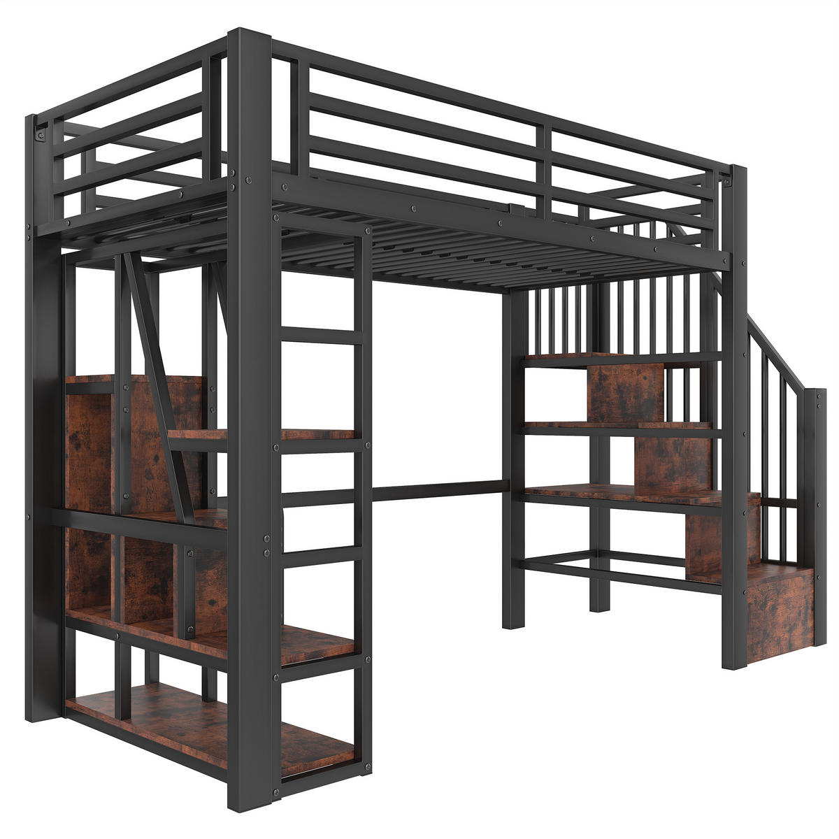 HOCHBETT aus Metall und MDF 90x200 cm in Schwarz mit LED & Stauraum - Schwarz, Metall (90/200cm) - Modfu