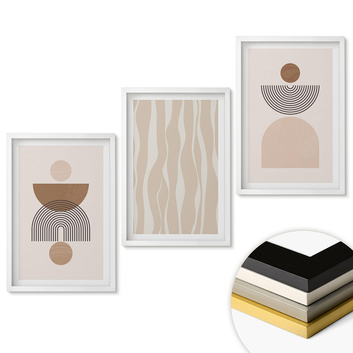 WANDBILDER 3er-Set - 40x60 cm Weißer Rahmen - Abstrakte Formen braun beige - Weiß, Kunststoff (40/60cm) - ArtPrintCave