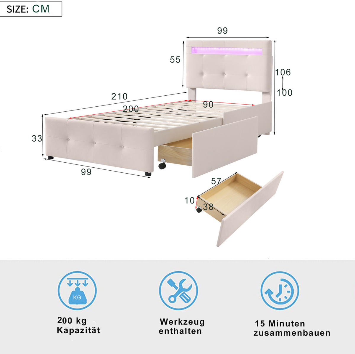 POLSTERBETT 90/200 cm Beige mit LED-Beleuchtung und 2 Schubladen - Beige, Holzwerkstoff (90/200cm) - Flora Grace