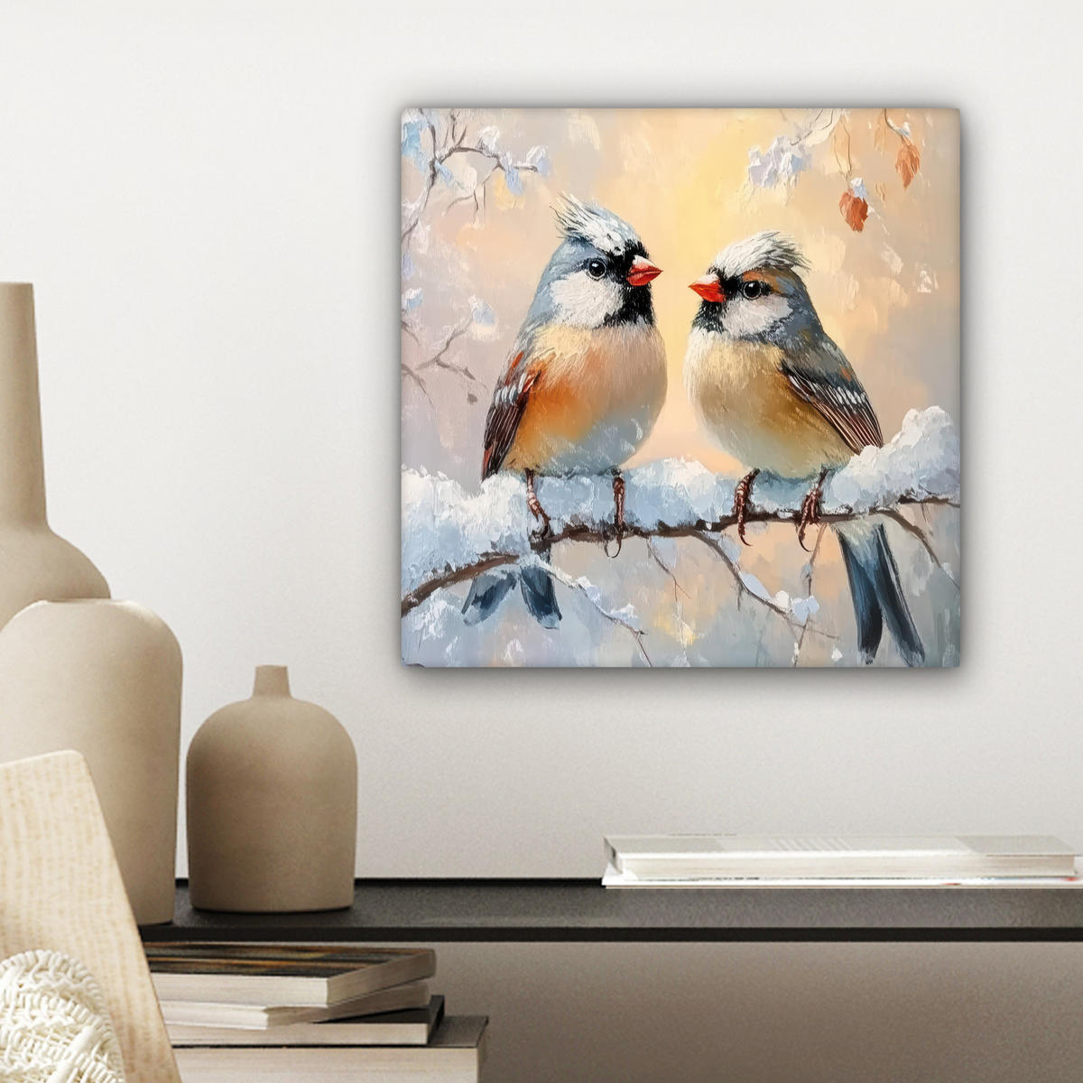 LEINWANDBILD Vögel - Zweig - Winter - Schnee Deko Wohnzimmer 20x20 cm - Pastellblau, Textil (20/20cm) - MuchoWow