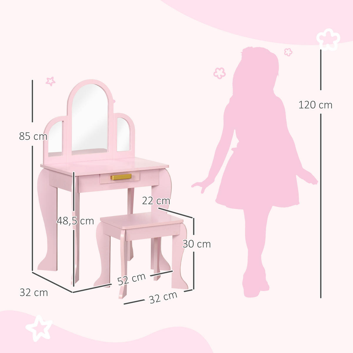 KINDERSCHMINKTISCH DE-18629 3 Spiegel, Schublade & Hocker Pink - Pink, Holzwerkstoff (32/85/52cm) - ComfortXL