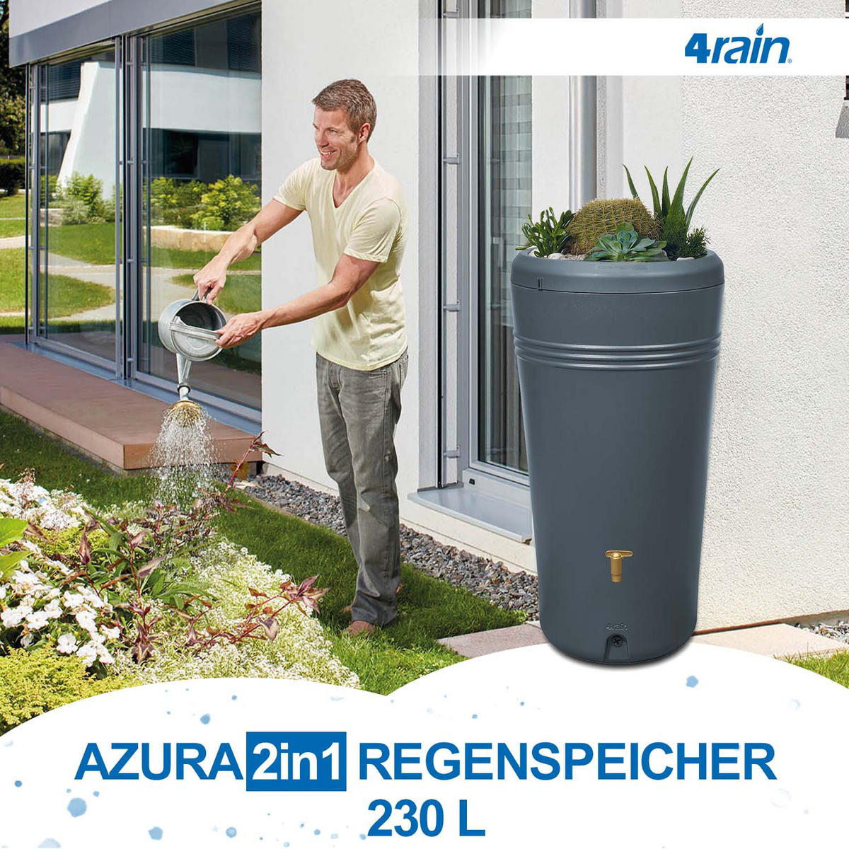 2IN1 Regentonne 230 L, graphite grey inkl. Pflanzschale - Grau, Kunststoff (59/114/59cm) - 4rain