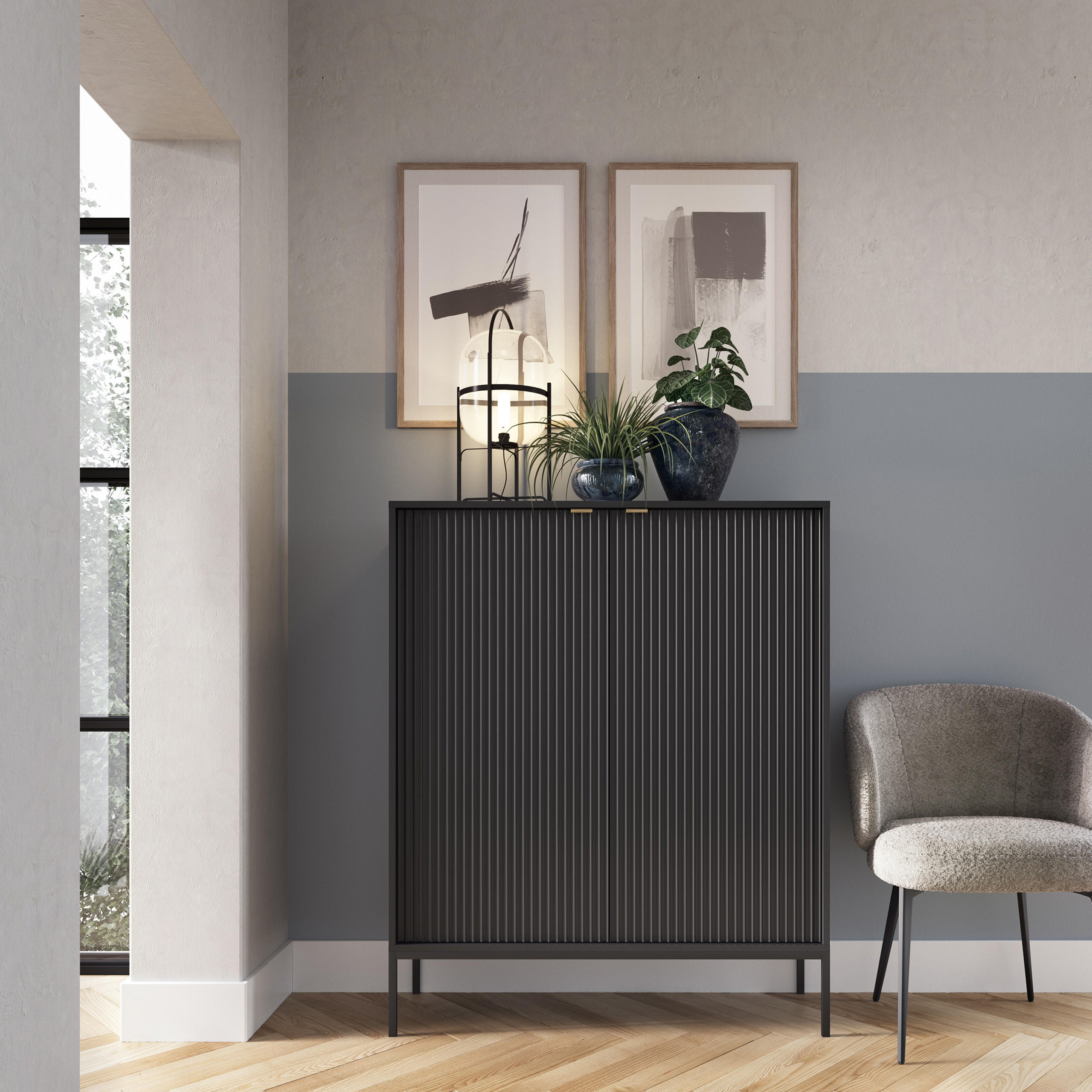 HIGHBOARD STELLARE 104/125/39 cm mit 2 Türen Schwarz - Schwarz, Holzwerkstoff (104/125/39cm) - MASSENO