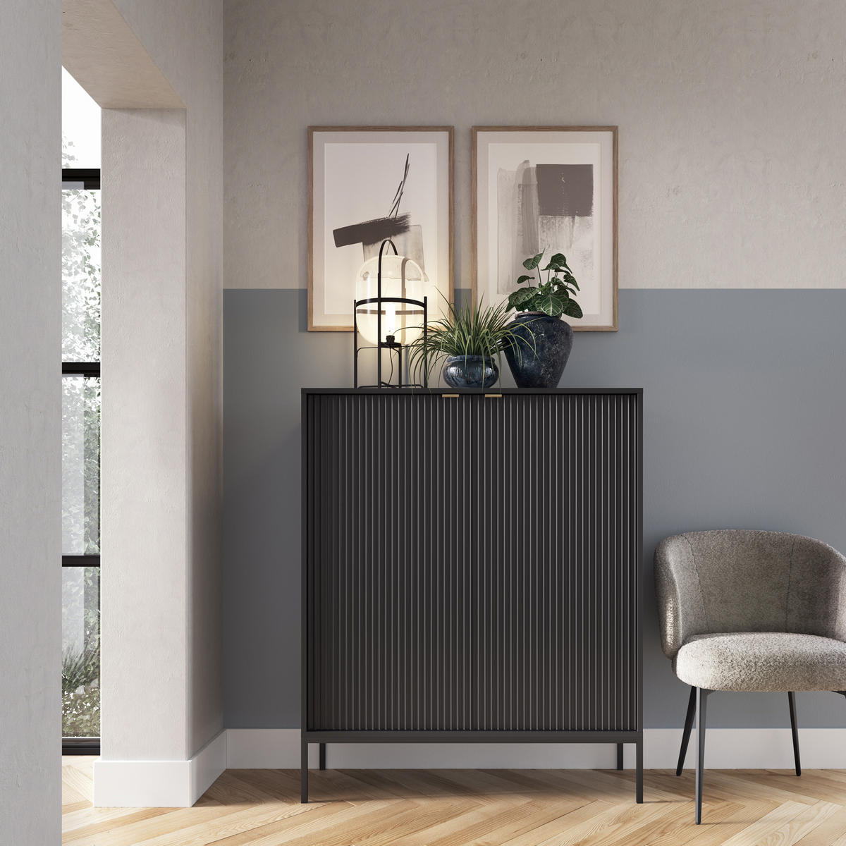 HIGHBOARD STELLARE 104/125/39 cm mit 2 Türen Schwarz - Schwarz, Holzwerkstoff (104/125/39cm) - MASSENO