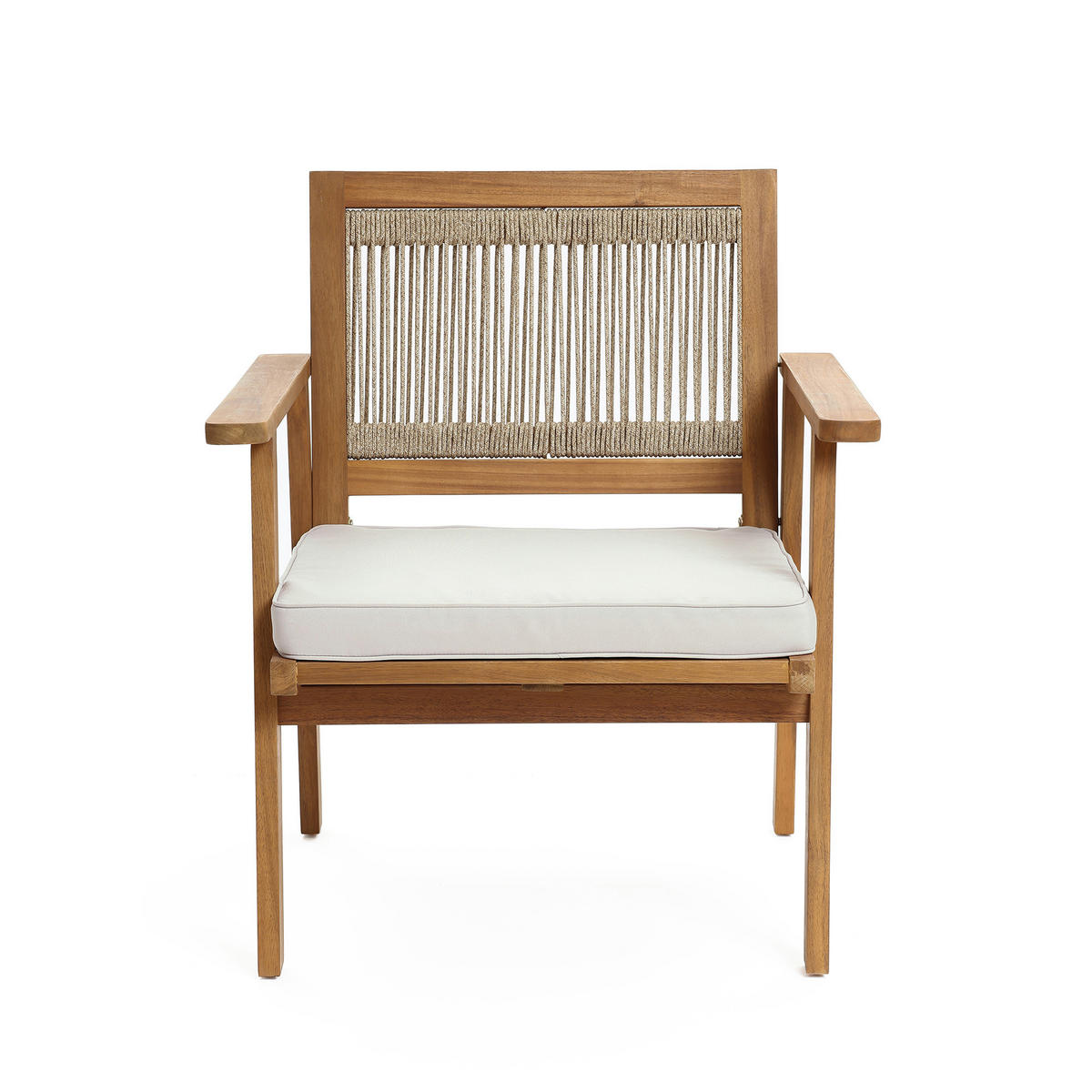 75CM Outdoor-Armlehnstühle aus Akazienholz mit Seilrückenlehne und Kissen, 2er-Set - Akaziefarben, Holz (64/74.5/64cm) - Hometopia