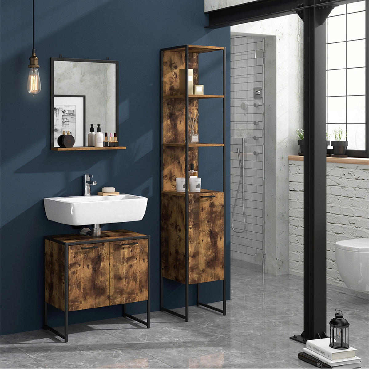 BADMÖBEL-SET Fyrk Antikholz 3 Teile, mit Hochschrank - Eichefarben/Schwarz, Holzwerkstoff (60/60/33cm) - Vicco