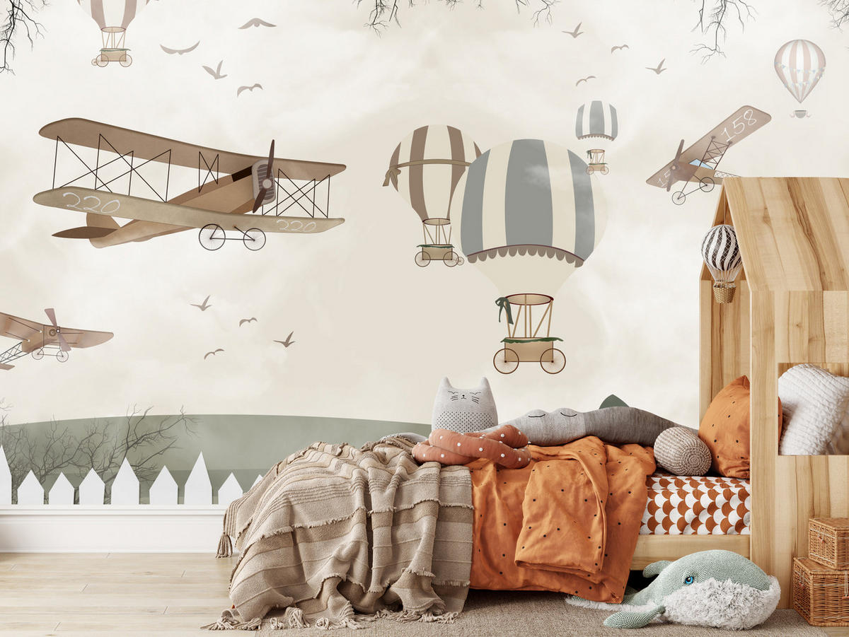 FOTOTAPETE für Kinderzimmer Retro Flugzeuge Ballons Vintage Beige 200x140 - Beige/Braun, Papier (200/140cm) - Muralo