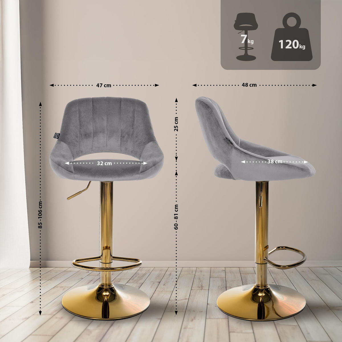 BARHOCKER 2 Samt Dunkelgrau - Dunkelgrau, Textil (47/85/48cm) - CLP