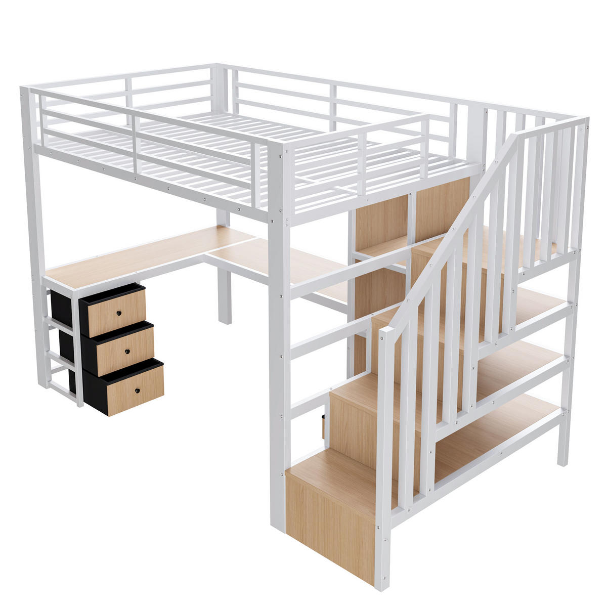 HOCHBETT 90/200 cm in Weiß mit 4 Schubladen, LED und Schreibtisch - Weiß, Holzwerkstoff/Metall (90/200cm) - STILVORA