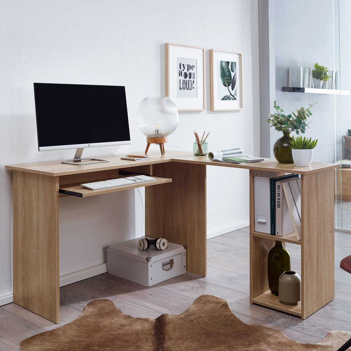 SCHREIBTISCHKOMBINATION ITTER Regal Tastaturauszug, Beige 140x120x75 cm - Beige/Braun, Holz (120/140/75cm) - KADIMA DESIGN