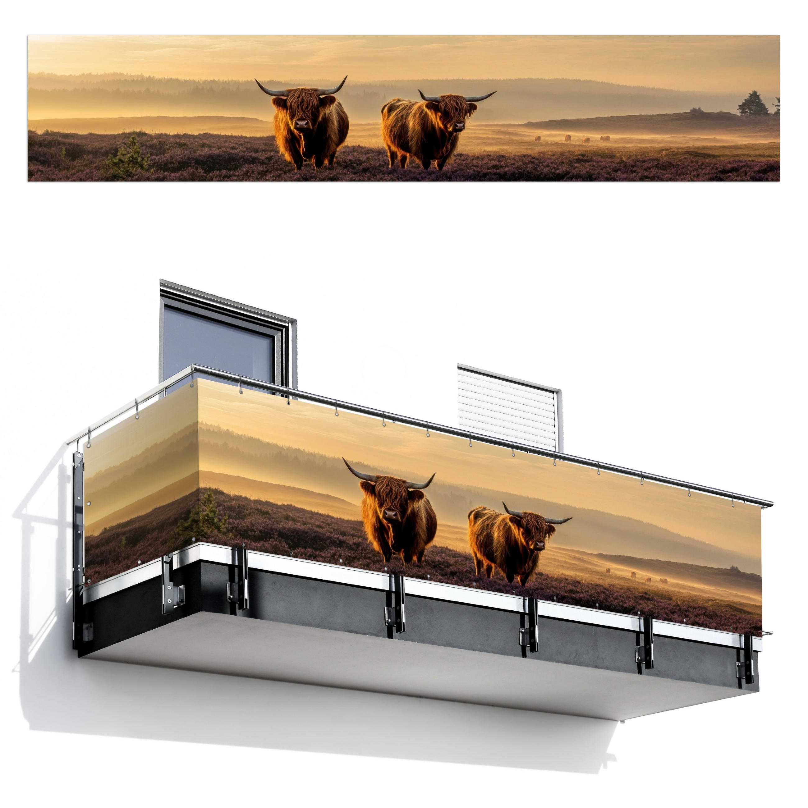 BALKON-SICHTSCHUTZ Schottische Hochlandbewohner - Heide - Landschaft - Tiere - Cognac, Kunststoff (500/100cm) - MuchoWow