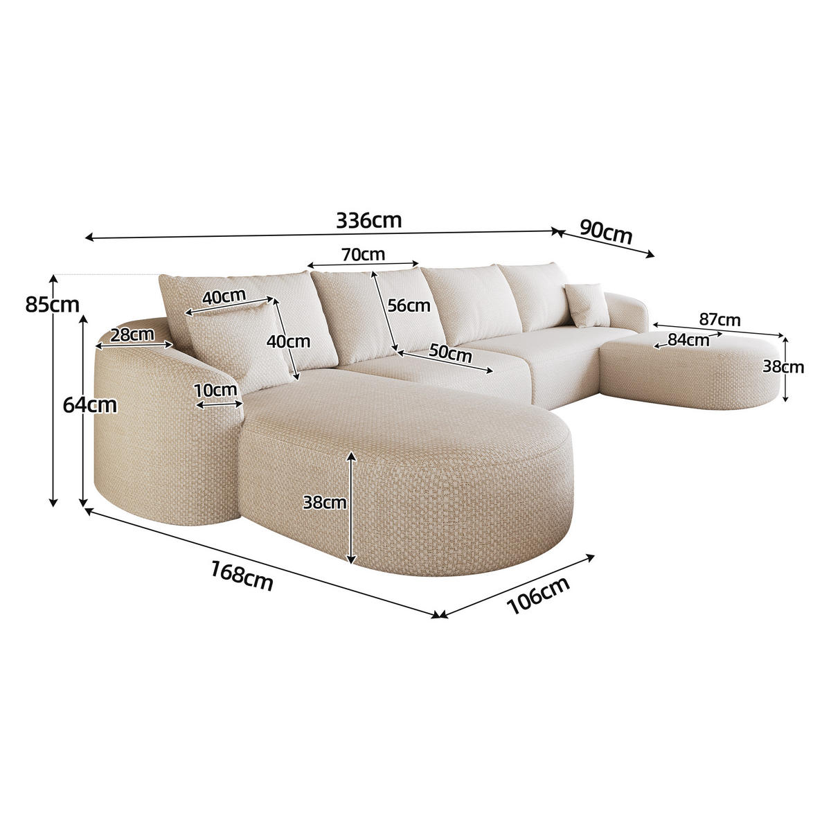 WOHNLANDSCHAFT DE-34817 U-Form 3-Sitzer Chaiselongue links Weiß - Weiß, Textil (168/85/336cm) - ComfortXL