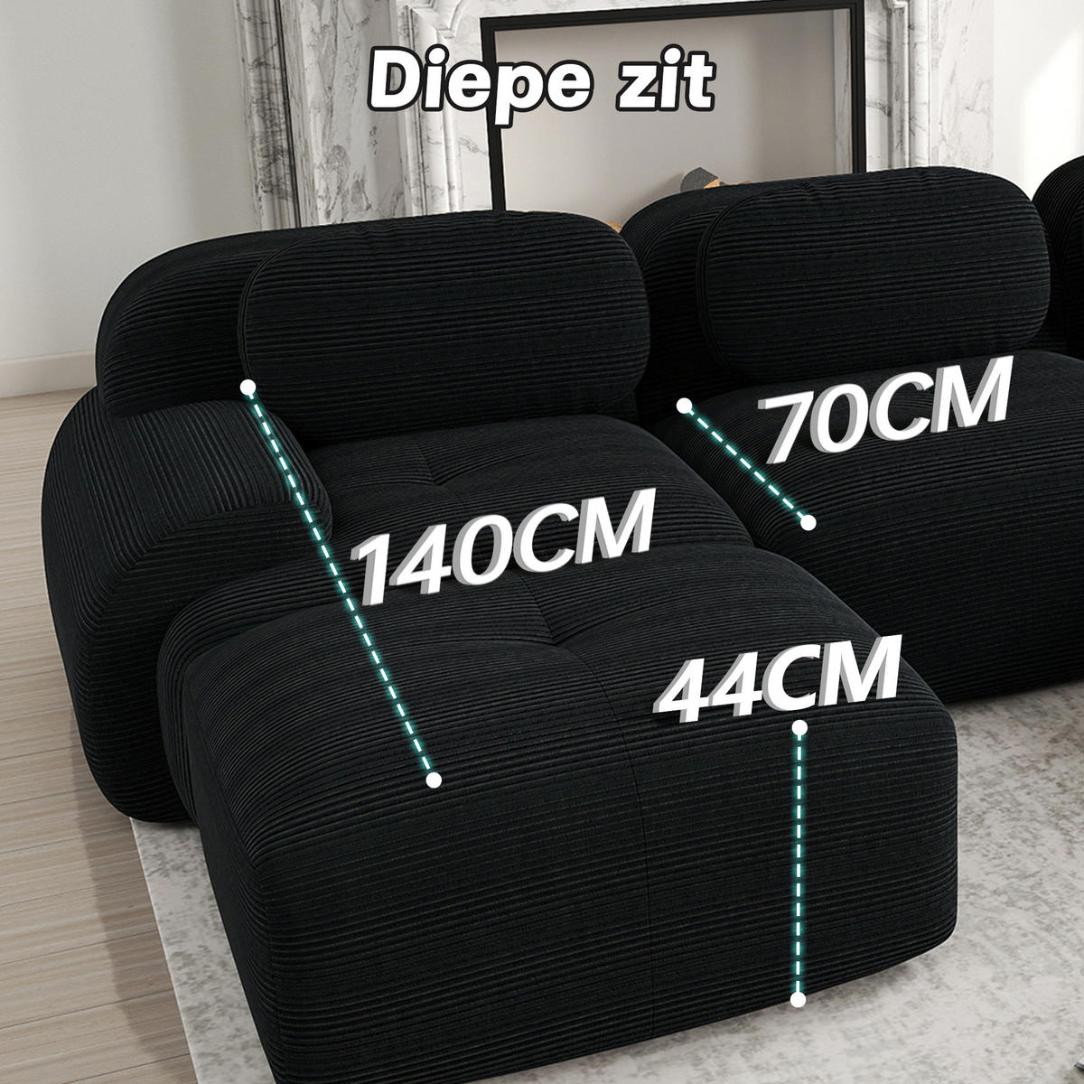 SOFA 2-Sitzer in Schwarz aus Cord mit modularem Design und geschwungenen Armlehnen - Schwarz, Textil (208/75/103cm) - CHICFURN