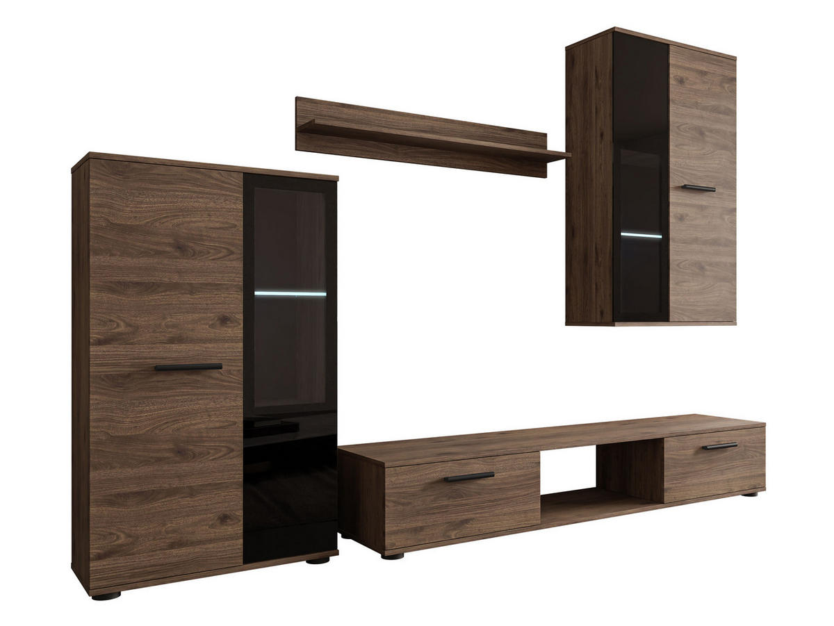WOHNWAND Salsa mit blauer LED Beleuchtung - Nussbaumfarben/Schwarz, Holzwerkstoff (235/180/41cm) - MIRJAN24