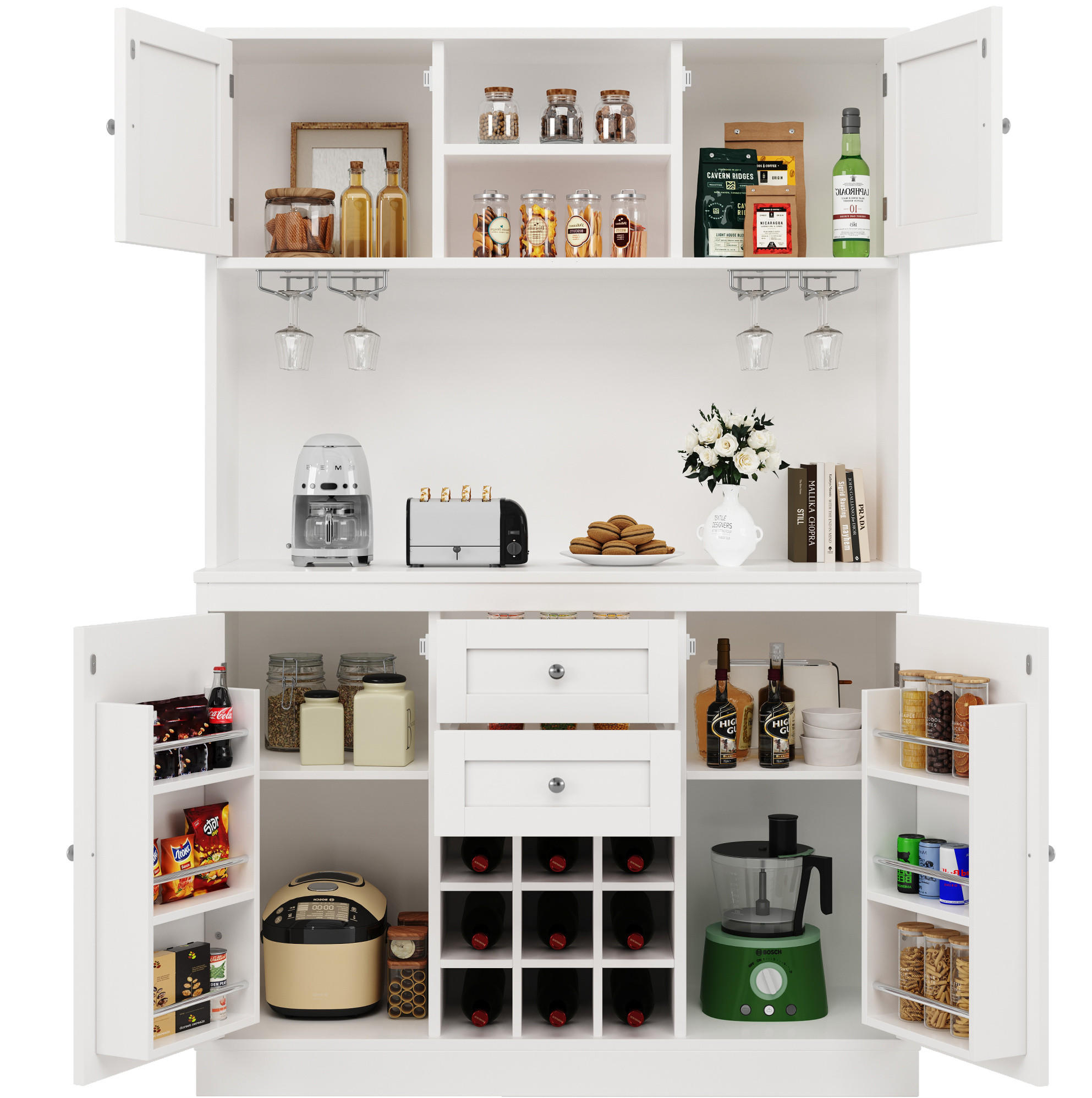 BUFFET 120/40/188 cm mit 4 Türen & 2 Schubladen, Weinregal und offener Nische - Weiß, Holzwerkstoff (106/179.5/40cm) - BEAOK
