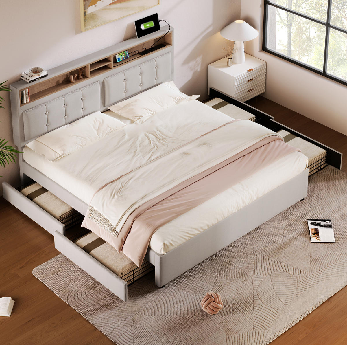 POLSTERBETT mit 4 Schubladen, USB-C und Matratze 140x200 cm Beige - Beige, Metall (140/200cm) - Meubliv