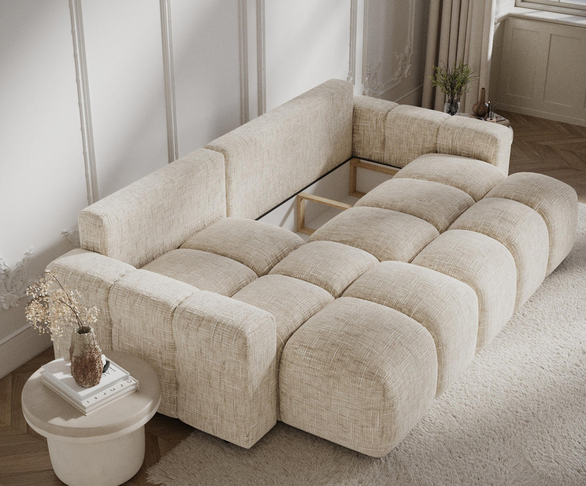 ECKSOFA MIT SCHLAFFUNKTION Ucci Creme Webstoff - Creme/Schwarz, Holz/Holzwerkstoff (233/142cm) - Maison de Reve
