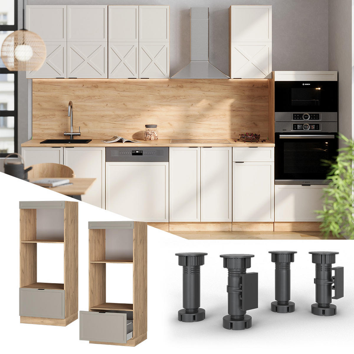 MIKROWELLENSCHRANK Fame-Line GrauBeige 60 cm offen - Honigeiche/Eiche Wotan, Holzwerkstoff (60/153.6/58.1cm) - Vicco