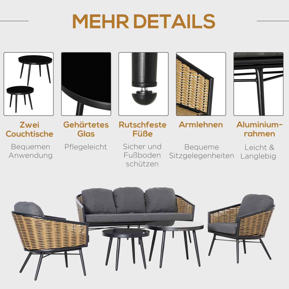 POLYRATTAN Gartenmöbel Set mit Sofa Kissen Aluminium Natur - Naturfarben, Kunststoff - Outsunny