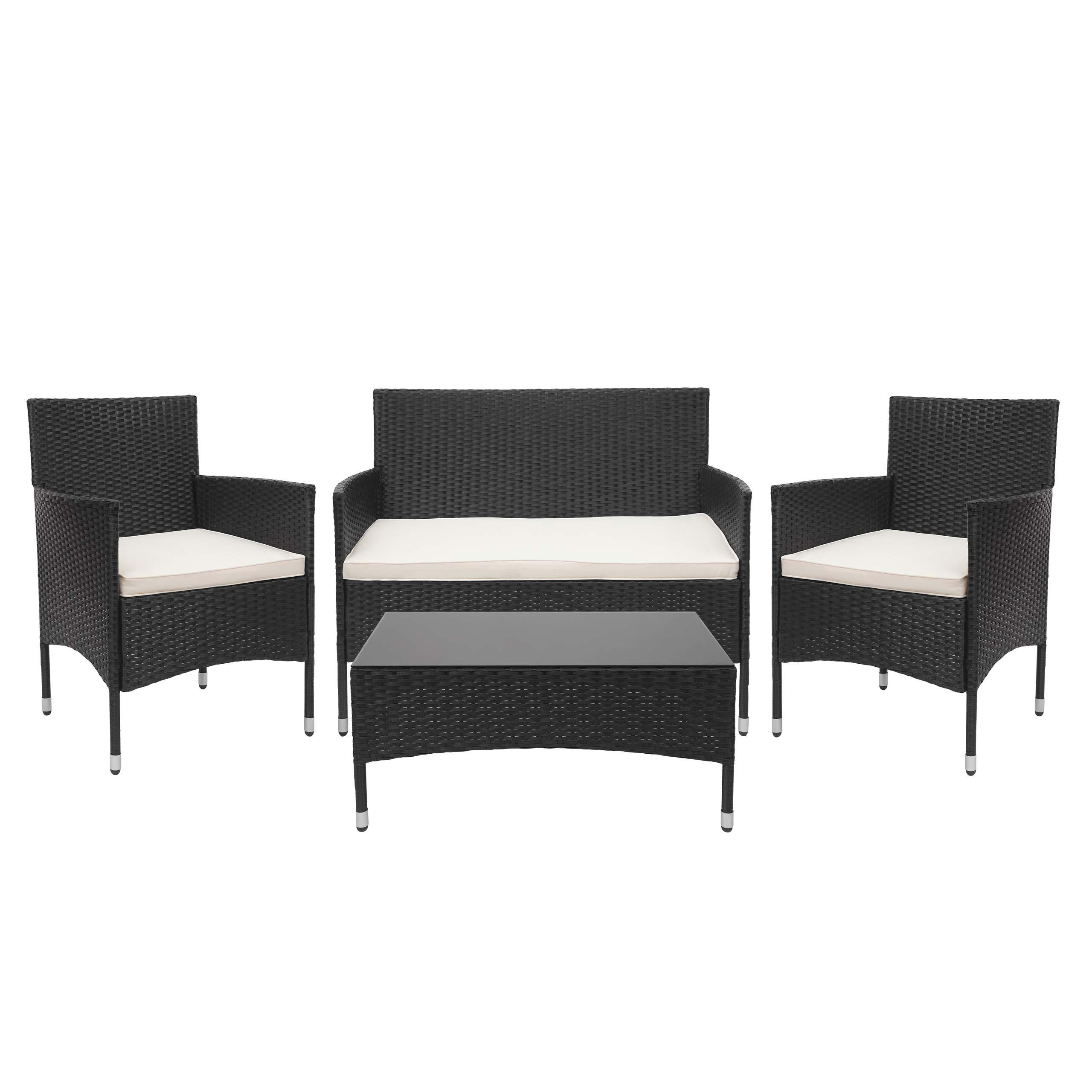 POLY-RATTAN GARNITUR Schwarz, Cremeweiß - Schwarz/Weiß, Kunststoff - MCW