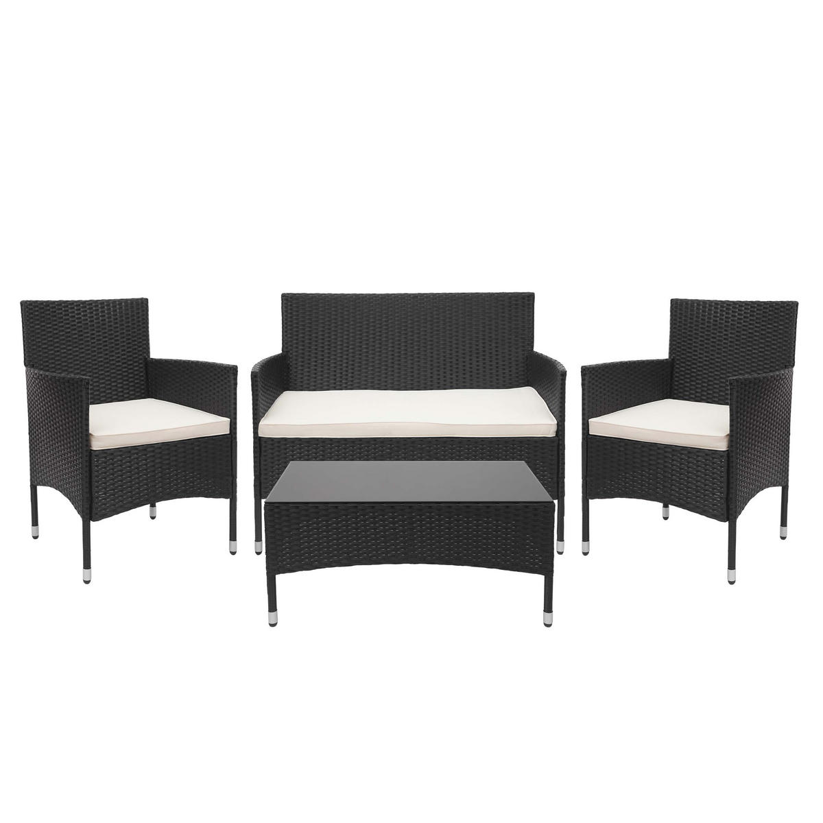 POLY-RATTAN GARNITUR Schwarz, Cremeweiß - Schwarz/Weiß, Kunststoff - MCW