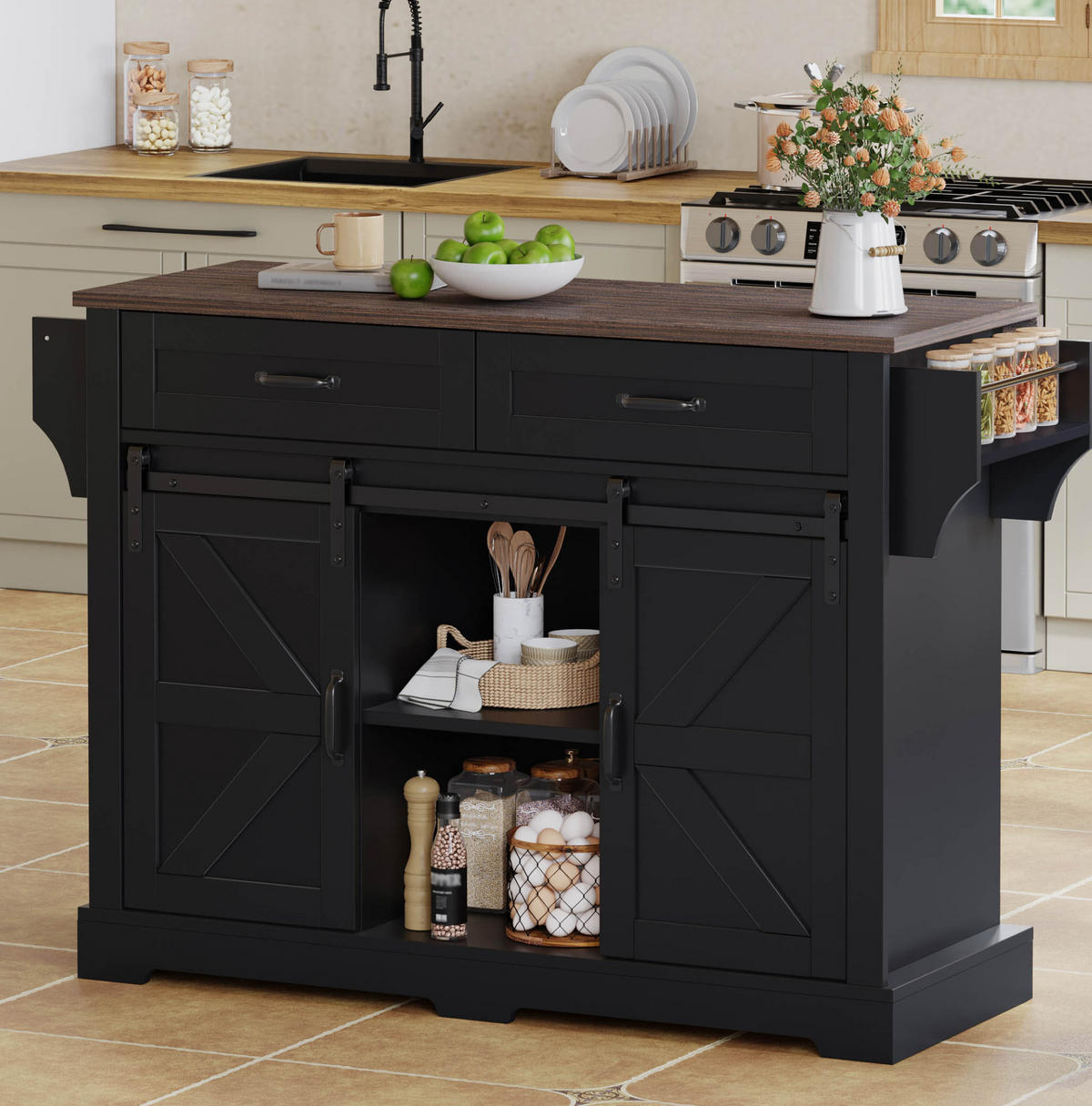 KÜCHENINSEL 120/45(70)/91 cm Schwarz aus MDF mit klappbarer Arbeitsplatte - Schwarz, Holzwerkstoff (70/91/120cm) - OKMYHOME