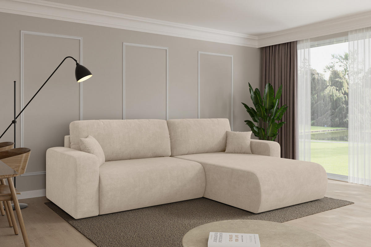 ROHOVÁ SEDAČKA s funkcí spaní, otoman vpravo BERY-L 276x193x88 béžová velur - černá/Sahara, kompozitní dřevo/textil (276/193cm) - ALTDECOR