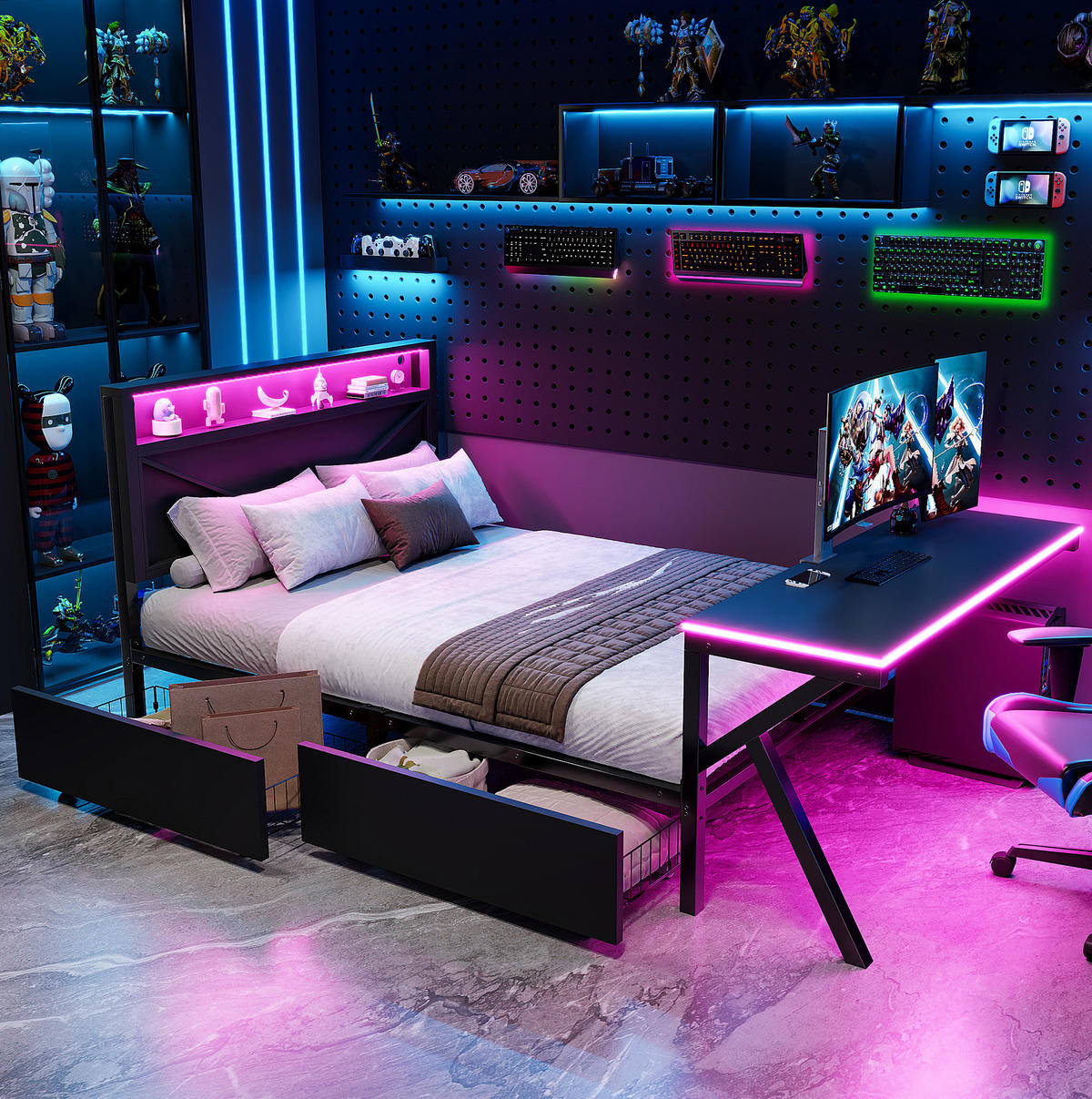 METALLBETT 140/200 cm mit LED-Kopfteil, LED-Schreibtisch und 2 Schubladen, MDF/Metall, Schwarz - Schwarz, Holzwerkstoff (140/200cm) - Redom