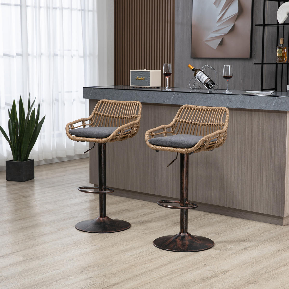 BARHOCKER 2er-Set drehbar mit Rattan und Höhenverstellung, Grau - Grau, Textil (49/89/48cm)