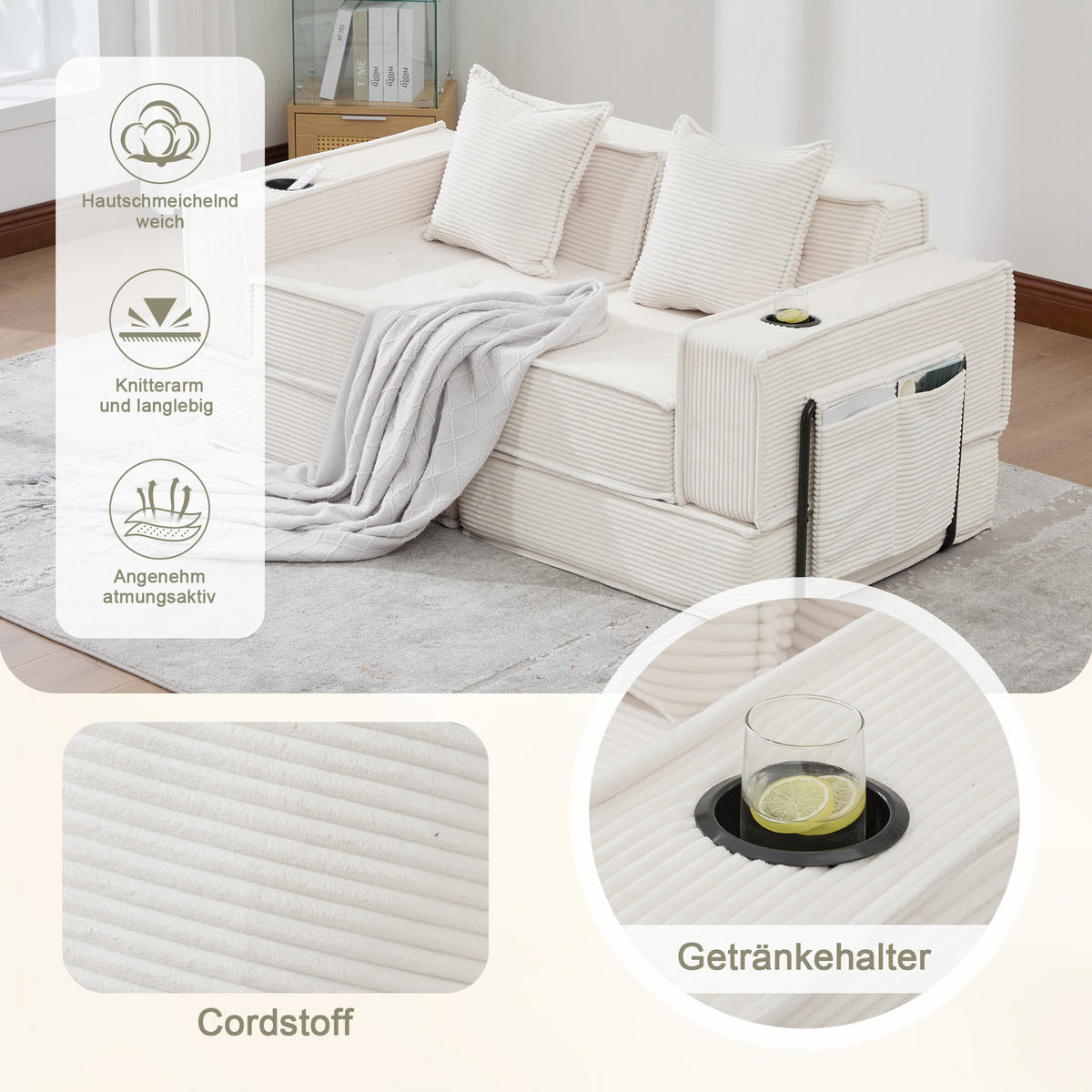 SCHLAFSOFA 162/78/66 cm Beige Cord mit seitlichem Stauraum und Getränkehaltern - Beige, Textil (162/66/78cm) - Oxeza