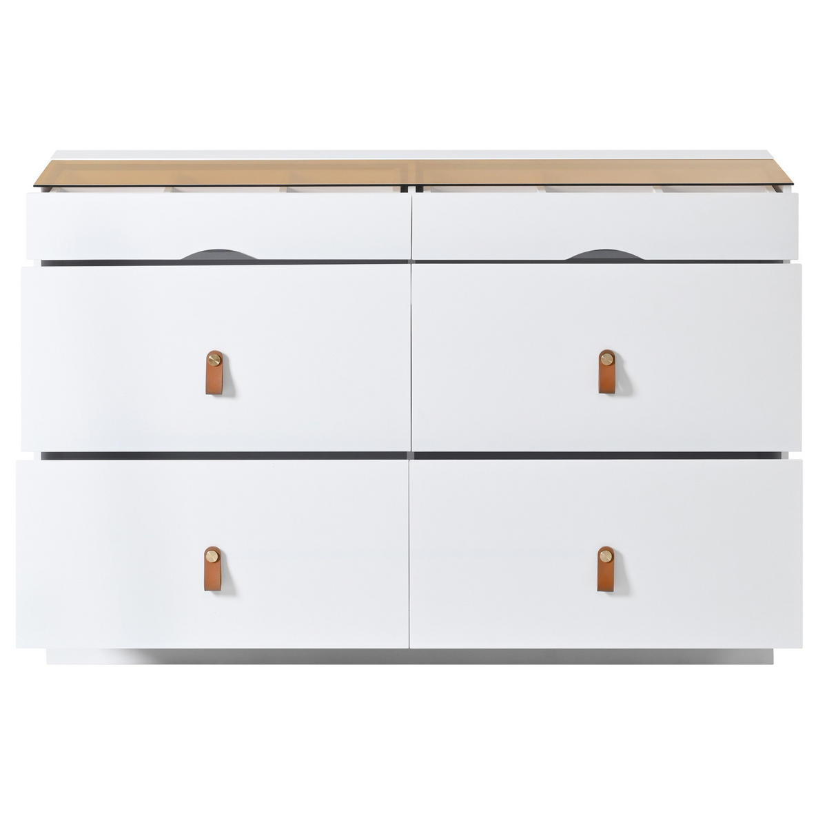 KOMODA z MDF a skla 120x40x78 cm biela so 6 zásuvkami, sklenenou doskou a členitým úložným priestorom - biela, sklo (120/78/40cm) - Modfu