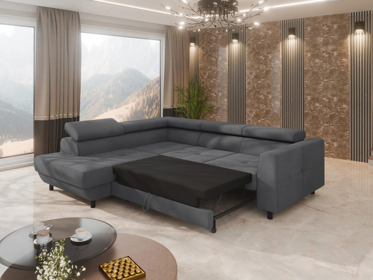 ECKSCHLAFSOFA Vena III mit Schlaffunktion und Bettkasten, Links montierbar, Grau - Grau, Holz (199/254cm) - Homesy