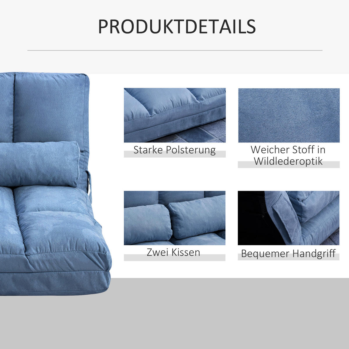 BODENSTUHL 2-in-1 Bodensessel Bett mit Rückenlehne 3 Positionen Verstellbar - Blau, Textil/Metall (73/60/102cm) - HOMCOM