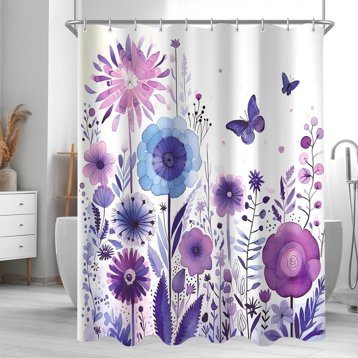 DUSCHVORHANG Lila Blume Schmetterling 180 x 200 cm - Multicolor, Textil (180/200cm)