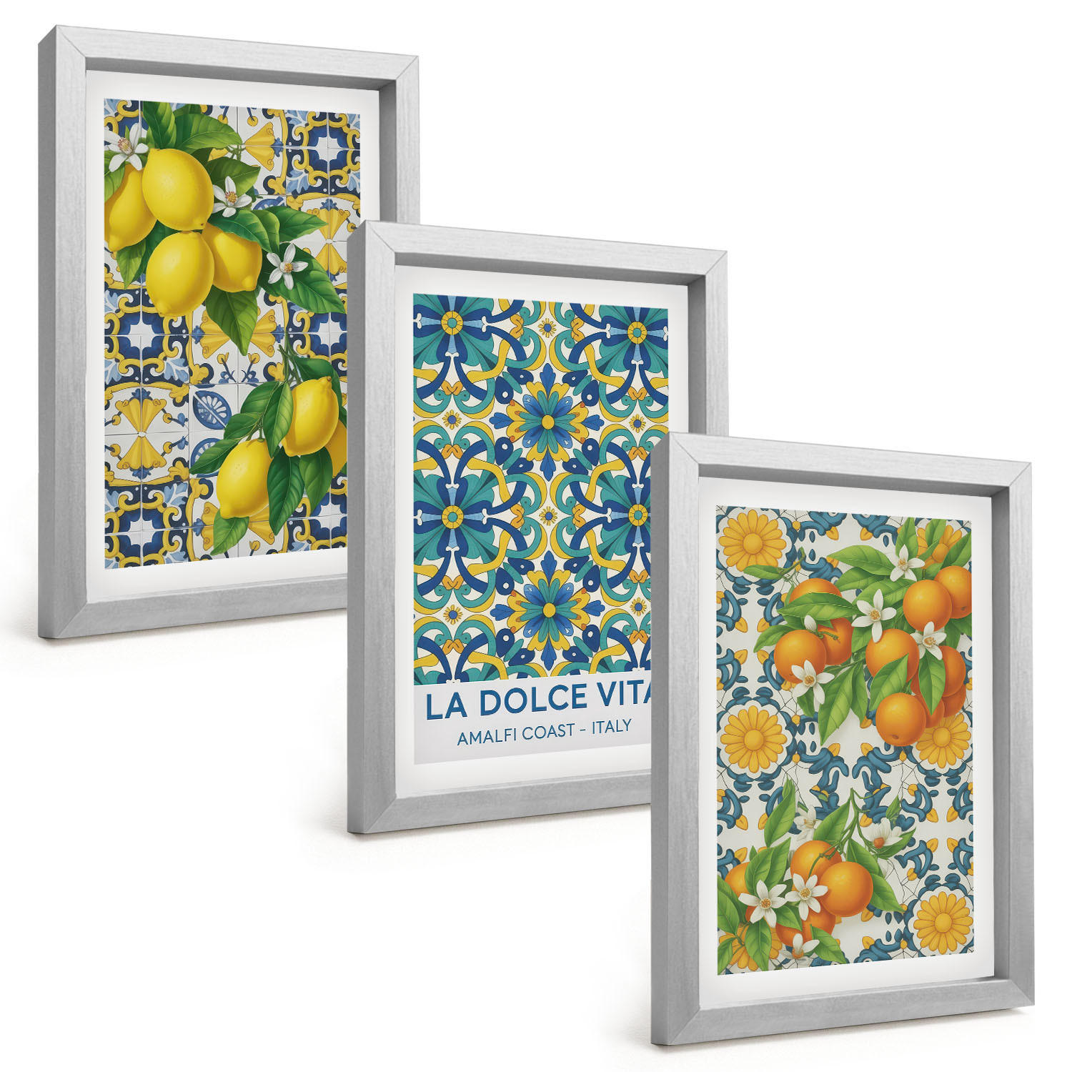 BILDER SET 3er Set - 20x30 cm Silberner Rahmen - Zitronen, Orangen, Blumen, Italien - Silberfarben, Kunststoff (20/30cm) - TULUP