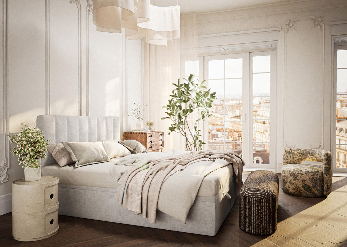 BOXBETT 140/200 cm Lovage M, in Hellbeige, Matratze, gepolstertes Kopfteil, Bettkasten, H3 = fest - Beige/Schwarz, Holz/Holzwerkstoff (140/200cm) - Maison de Reve