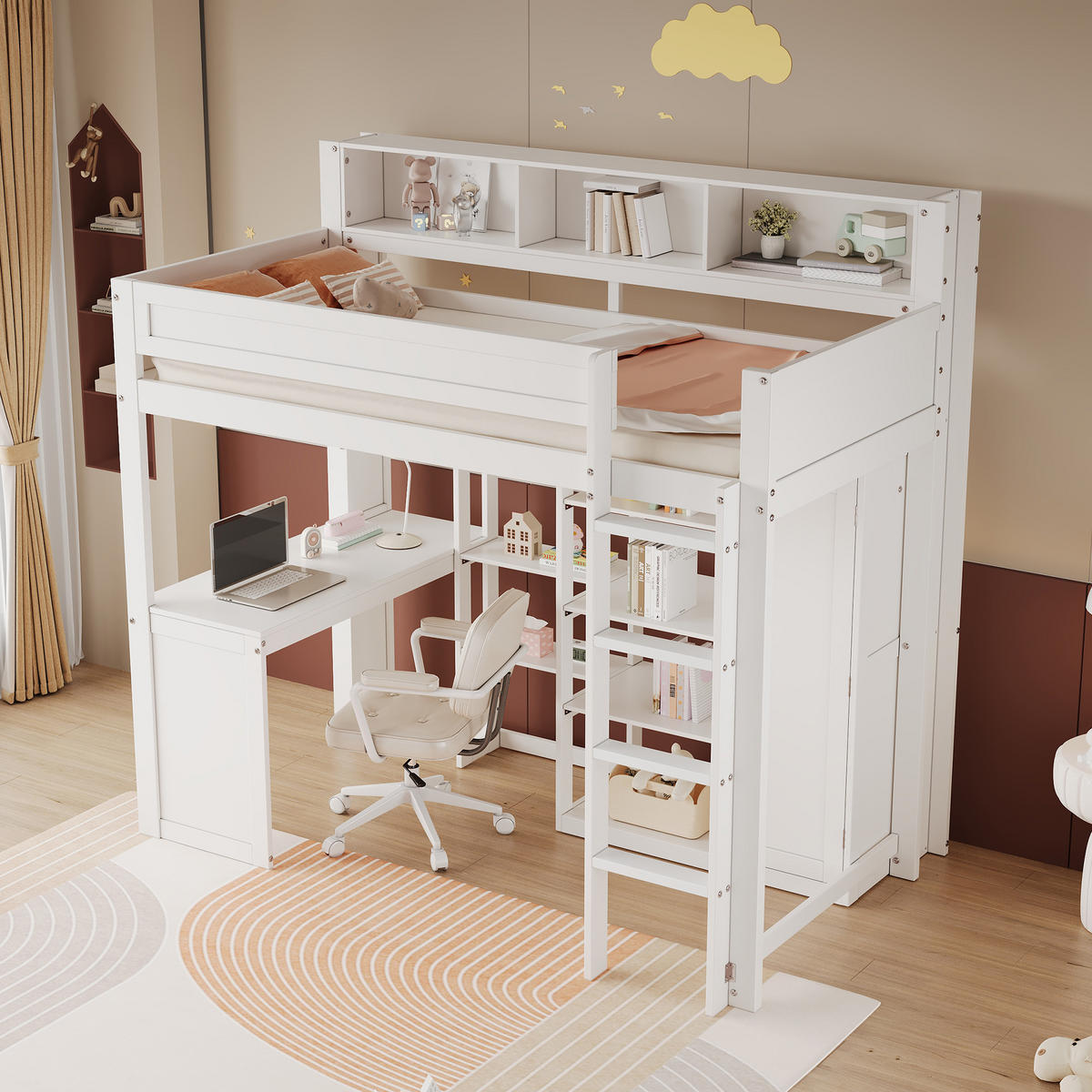 ETAGENBETT 90/200 cm in Weiß mit Regal, Tisch und Kleiderschrank - Weiß, Holz/Holzwerkstoff (90/200cm) - WISHDOR