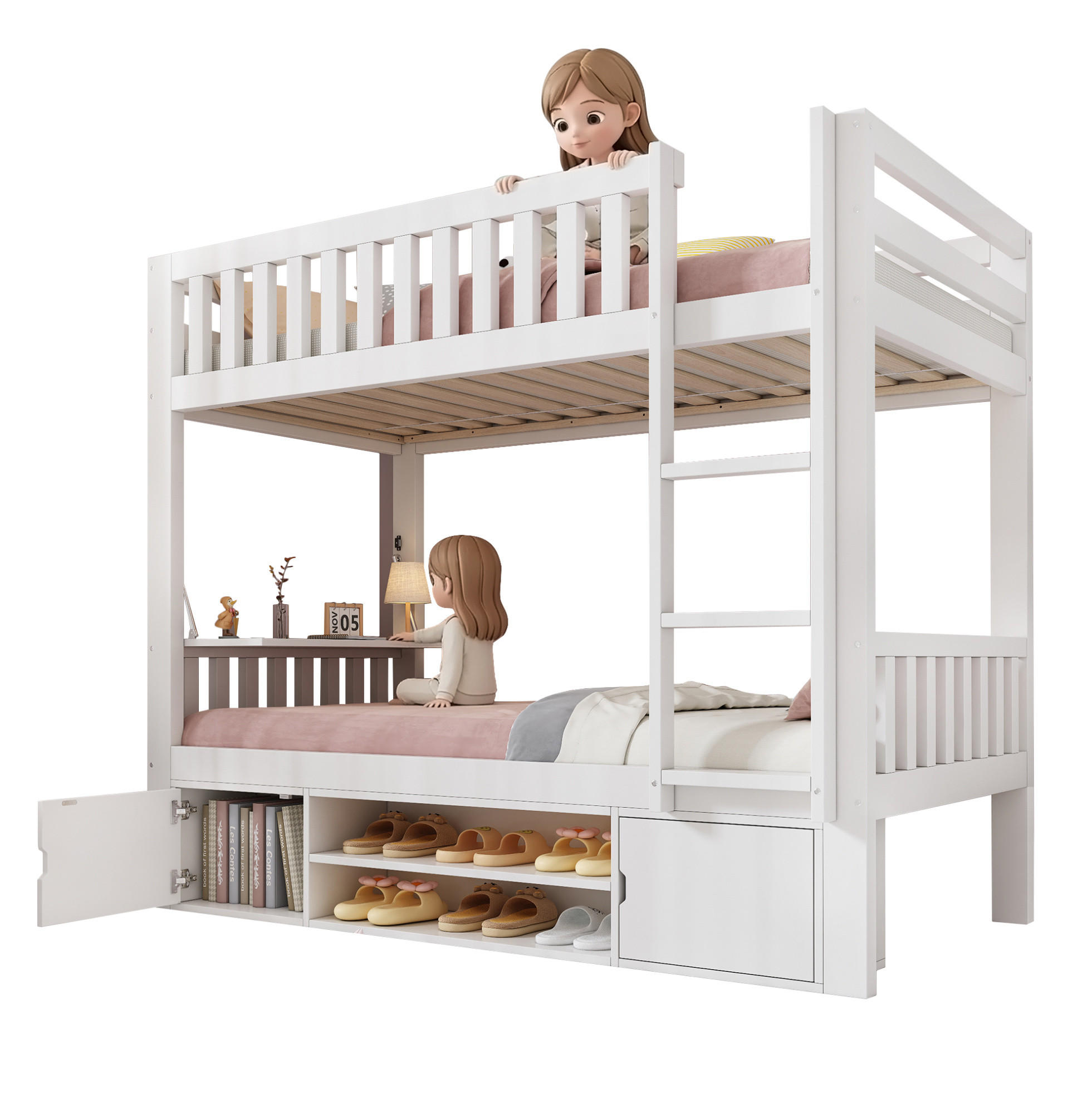 ETAGENBETT aus Kiefernholz, MDF und Sperrholz 90x200 cm Weiß mit klappbarem Tisch, Schuhregal und Stauraum - Weiß, Holzwerkstoff (90/200cm) - Modfu